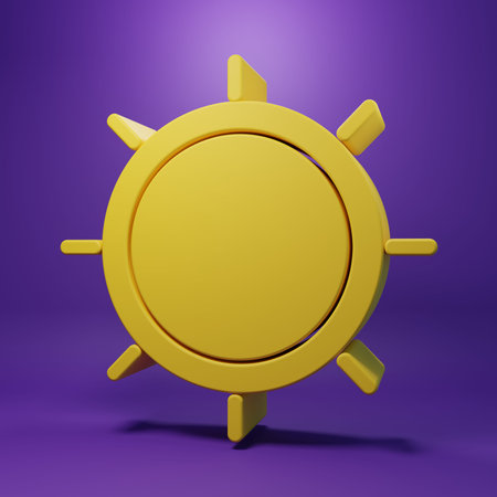 Yellow Sun icon isolated on purple background. Minimalism concept. 3D render illustration.