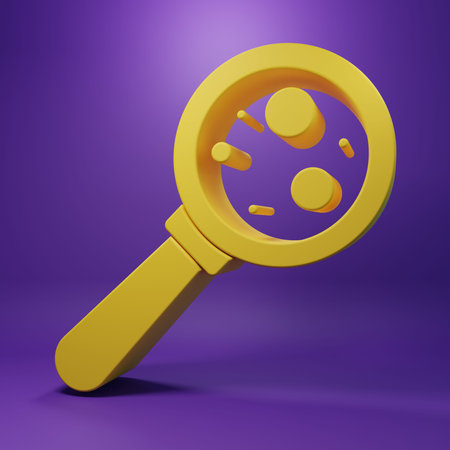 Yellow Microorganisms under magnifier icon isolated on purple background. Bacteria and germs, cell,...