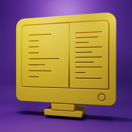Yellow Computer monitor screen icon isolated on purple background. Electronic device. Front view. Minimalism concept. 3D render illustration.の写真素材