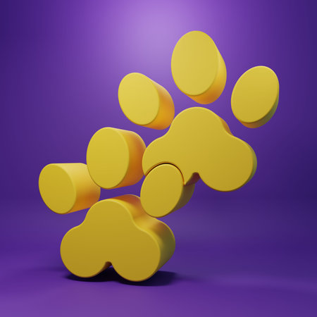 Yellow Paw print icon isolated on purple background. Dog or cat paw print. Animal track. Minimalism concept. 3D render illustration.の写真素材
