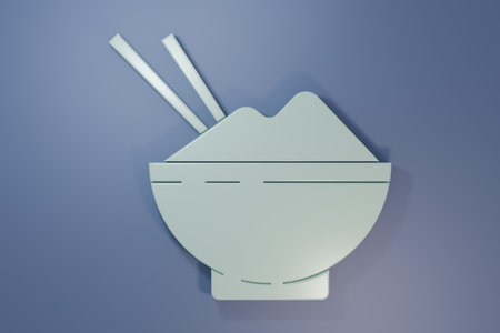 Gray Rice in a bowl with chopstick icon isolated on purple-blue background. Traditional Asian food. Minimalism concept. 3D render illustration.の写真素材