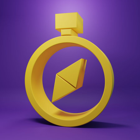 Yellow Compass icon isolated on purple background. Windrose navigation symbol. Wind rose sign....