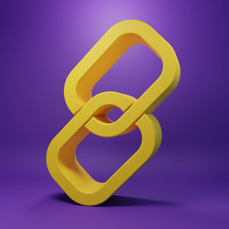 Yellow Chain link icon isolated on purple background. Link single. Minimalism concept. 3D render...