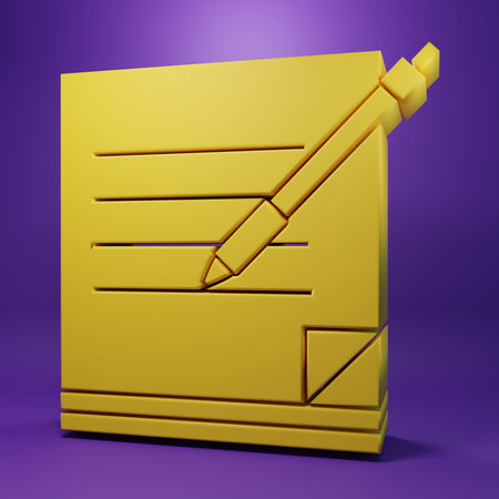 Yellow Blank notebook and pen icon isolated on purple background. Paper and pen. Minimalism concept....
