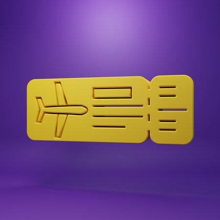 Yellow Airline ticket icon isolated on purple background. Plane ticket. Minimalism concept. 3D render illustration.の写真素材