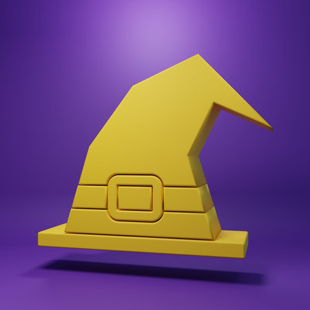 Yellow Witch hat icon isolated on purple background. Happy Halloween party. Minimalism concept. 3D render illustration.の写真素材