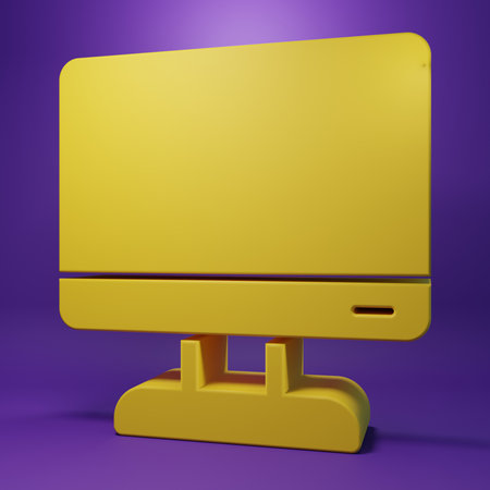 Yellow Computer monitor screen icon isolated on purple background. Electronic device. Front view. Minimalism concept. 3D render illustration.の写真素材
