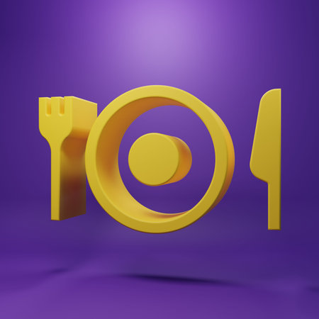 Yellow Plate, fork and knife icon isolated on purple background. Cutlery symbol. Restaurant sign....