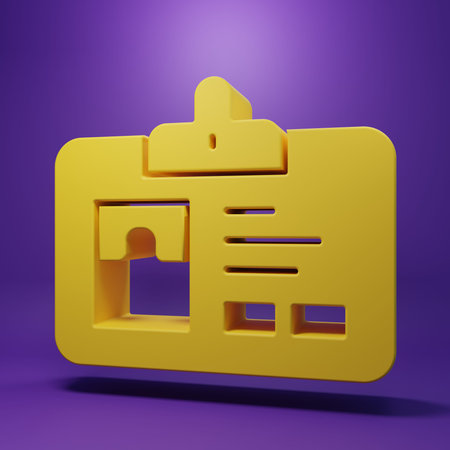 Yellow Identification badge icon isolated on purple background. It can be used for presentation, identity of the company, advertising. Minimalism concept. 3D render illustration.の写真素材