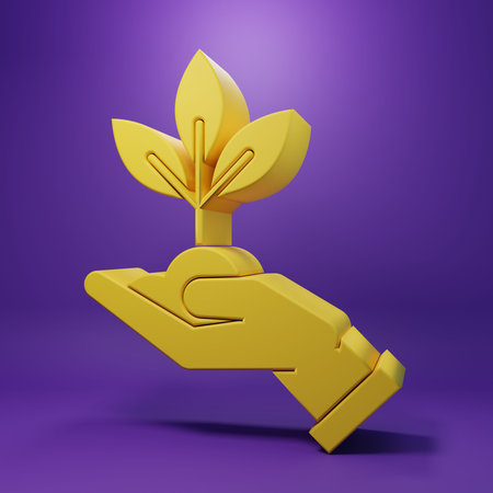 Yellow Plant in hand of environmental protection icon isolated on purple background. Seed and seedling. Planting supply. Ecology concept. Minimalism concept. 3D render illustration.の写真素材