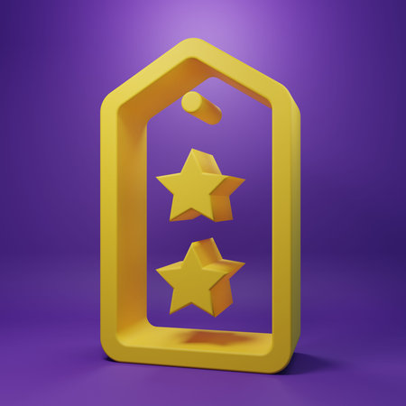 Yellow rank icon isolated on purple background. Badge sign. Minimalism concept. 3D render...