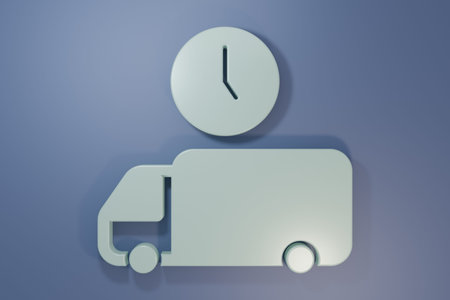 Gray Logistics delivery truck and time icon isolated on purple-blue background. Delivery time icon....