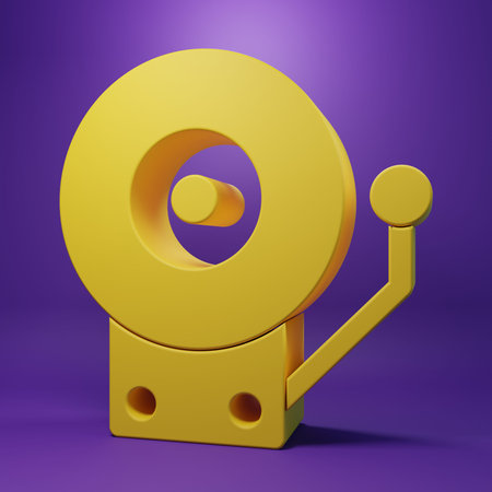 Yellow Ringing alarm bell icon isolated on purple background. Fire alarm system. Service bell,...