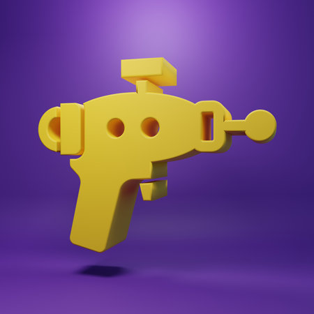 Yellow Ray gun icon isolated on purple background. Laser weapon. Space blaster. Minimalism concept. 3D render illustration.の写真素材