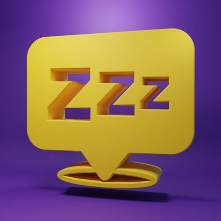 Yellow Sleepy icon isolated on purple background. Sleepy zzz black talk bubble. Minimalism concept....