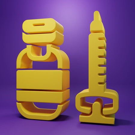 Yellow Medical syringe with needle icon isolated on purple background. Vaccination, injection, vaccine, insulin concept. Minimalism concept. 3D render illustration.の写真素材