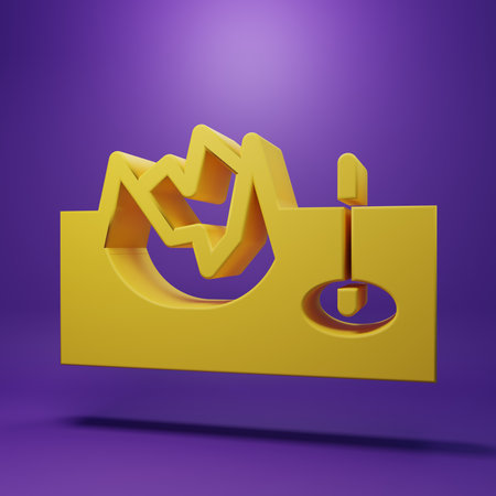 Yellow Bicycle on ramp icon isolated on purple background. Skate park. Extreme sport. Sport equipment. Minimalism concept. 3D render illustration.の写真素材