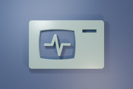 Gray Computer monitor with cardiogram icon isolated on purple-blue background. Monitoring icon. ECG...