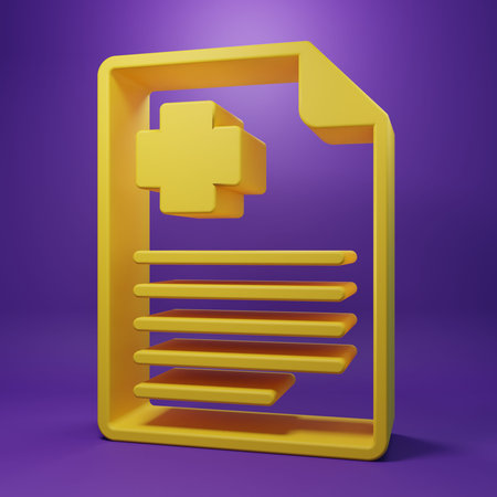 Yellow Medical clipboard with clinical record icon isolated on purple background. Prescription,...
