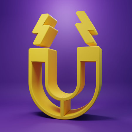 Yellow Magnet icon isolated on purple background. Magnetism, magnetize, attraction. Minimalism...