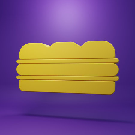 Yellow Sandwich icon isolated on purple background. Hamburger icon. Burger food symbol. Cheeseburger sign. Street fast food menu. Minimalism concept. 3D render illustration.の写真素材