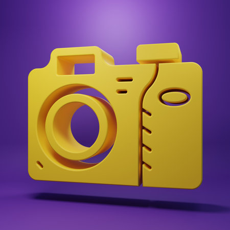 Yellow Photo camera icon isolated on purple background. Photo camera icon. Minimalism concept. 3D render illustration.の写真素材