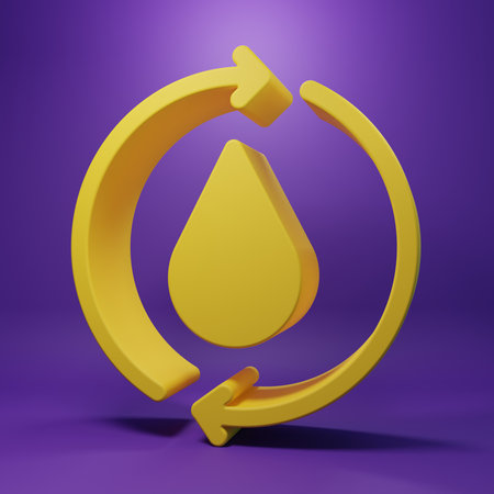 Yellow Recycle clean aqua icon isolated on purple background. Drop of water with sign recycling. Minimalism concept. 3D render illustration.の写真素材
