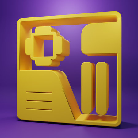 Yellow Electronic components digital chip integrated science icon isolated on purple background. Circuit board. Minimalism concept. 3D render illustration.の写真素材