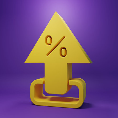 Yellow Percent up arrow icon isolated on purple background. Increasing percentage sign. Minimalism...