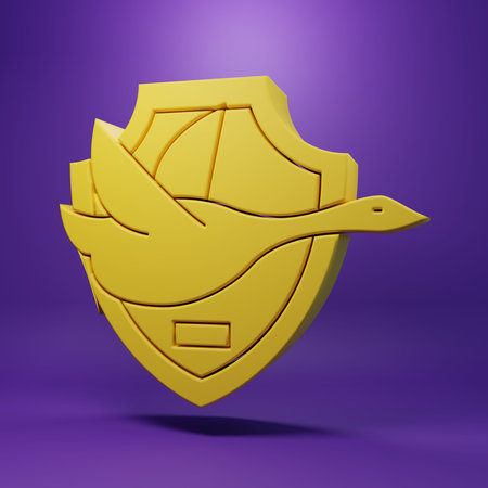 Yellow Flying duck on shield icon isolated on purple background. Minimalism concept. 3D render...