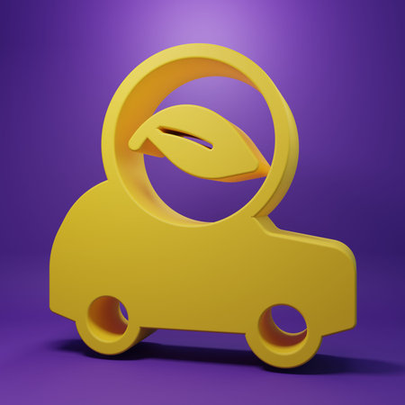 Yellow Eco car concept drive with leaf icon isolated on purple background. Green energy car symbol. Minimalism concept. 3D render illustration.の写真素材