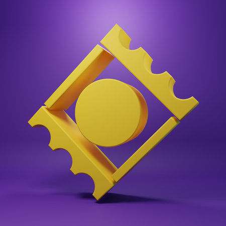 Yellow Condom in package safe sex icon isolated on purple background. Safe love symbol. Contraceptive method for males. Minimalism concept. 3D render illustration.の写真素材