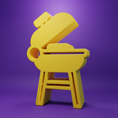 Yellow Barbecue grill icon isolated on purple background. BBQ grill party. Minimalism concept. 3D render illustration.の写真素材