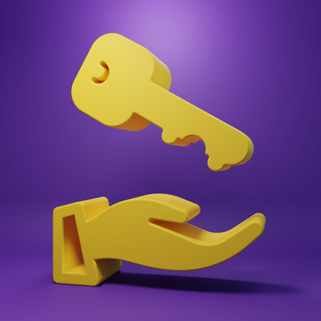 Yellow House key icon isolated on purple background. Minimalism concept. 3D render illustration.
