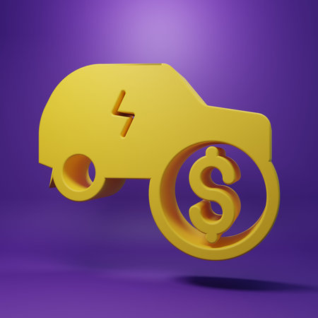 Yellow Electric car price icon isolated on purple background. Electric auto industry growth concept....