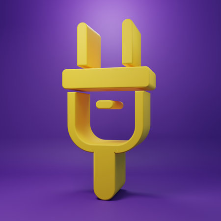 Yellow Electric plug icon isolated on purple background. Concept of connection and disconnection of the electricity. Minimalism concept. 3D render illustration.の写真素材