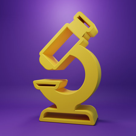 Yellow Microscope icon isolated on purple background. Chemistry, pharmaceutical instrument, microbiology magnifying tool. Minimalism concept. 3D render illustration.の写真素材