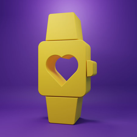 Yellow Heart in the center wrist watch icon isolated on purple background. Valentines day. Minimalism concept. 3D render illustration.の写真素材
