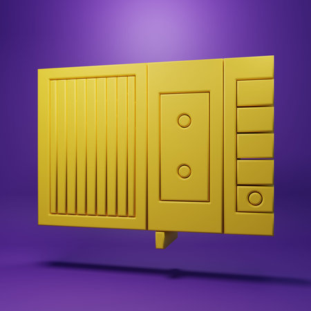Yellow Music tape player icon isolated on purple background. Portable music device. Minimalism...