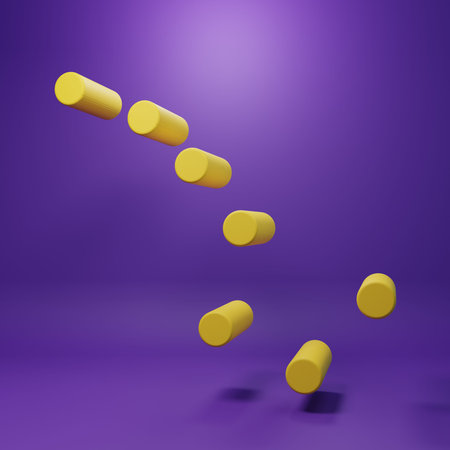 Yellow cylinders on purple background. Minimalism concept. 3D render illustration.