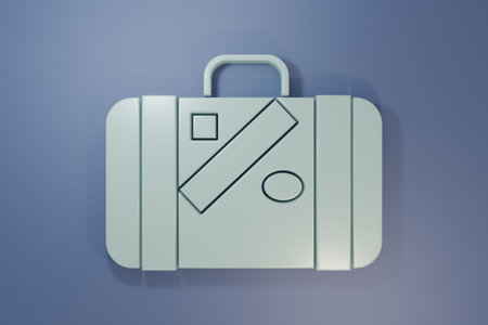 Gray Suitcase for travel and stickers icon isolated on purple-blue background. Traveling baggage sign. Travel luggage icon. Minimalism concept. 3D render illustration.の写真素材