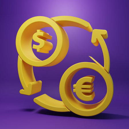 Yellow Money exchange icon isolated on purple background. Euro and Dollar cash transfer symbol....