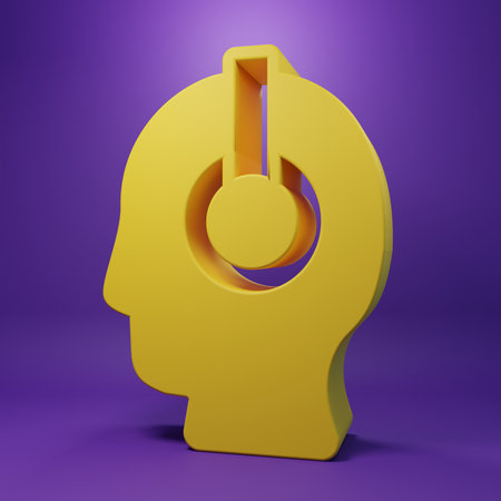 Yellow Freelancer icon isolated on purple background. Freelancer man working on laptop at his house. Online working, distant job concept. Minimalism concept. 3D render illustration.の写真素材