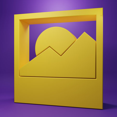 Yellow Photo icon isolated on purple background. Minimalism concept. 3D render illustration.の写真素材