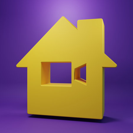 Yellow Video camera Off in home icon isolated on purple background. No video. Minimalism concept. 3D render illustration.の写真素材
