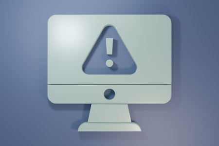 Gray Computer monitor with exclamation mark icon isolated on purple-blue background. Alert message notification. Minimalism concept. 3D render illustration.の写真素材