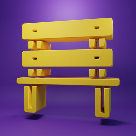Yellow Bench icon isolated on purple background. Minimalism concept. 3D render illustration.の写真素材