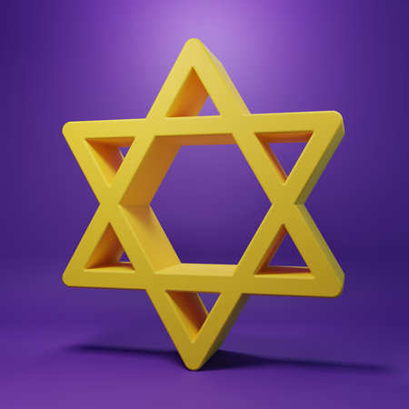 Yellow Star of David icon isolated on purple background. Jewish religion symbol. Symbol of Israel. Minimalism concept. 3D render illustration.の写真素材