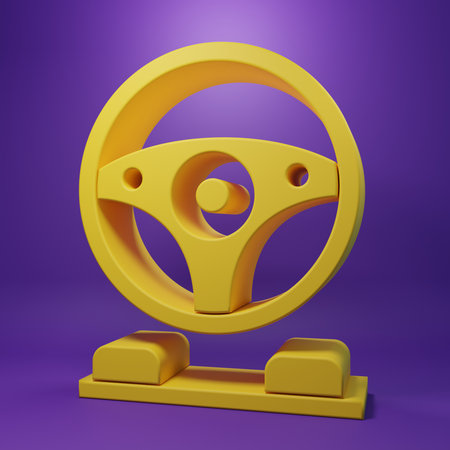 Yellow Racing simulator cockpit icon isolated on purple background. Gaming accessory. Gadget for driving simulation game. Minimalism concept. 3D render illustration.の写真素材