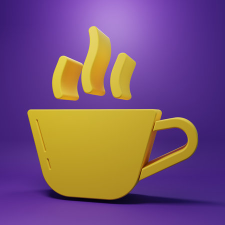 Yellow Coffee cup icon isolated on purple background. Tea cup. Hot drink coffee. Minimalism concept. 3D render illustration.の写真素材